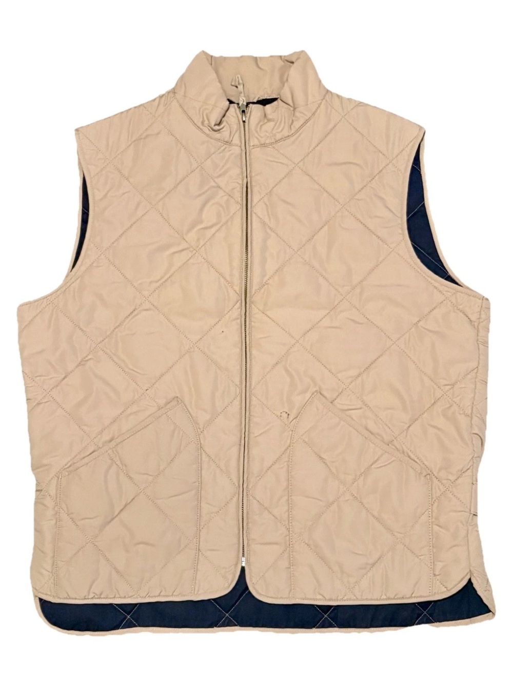 J.CREW Walker Quilted Vest Khaki Tan Navy Blue Full Zip Layering 47752 MENS LG